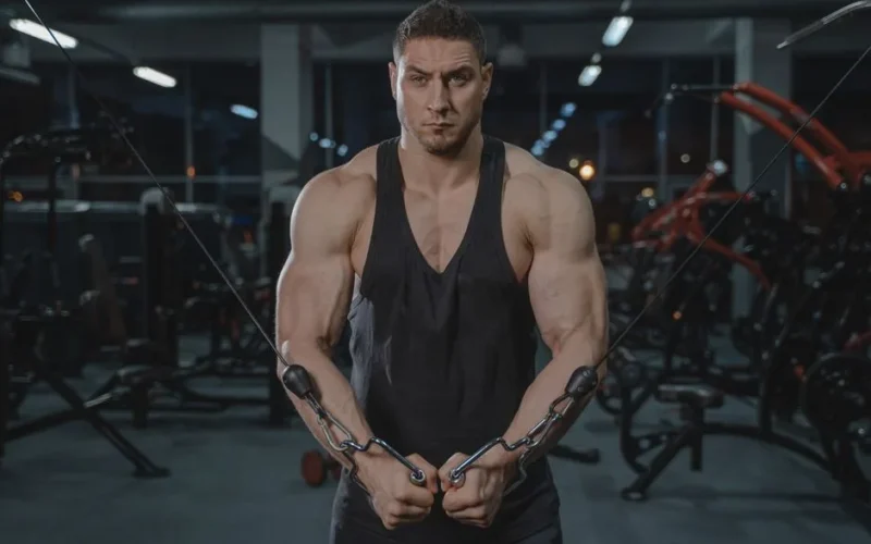 A strong man in a black tank top exercises in a gym using a cable crossover machine.