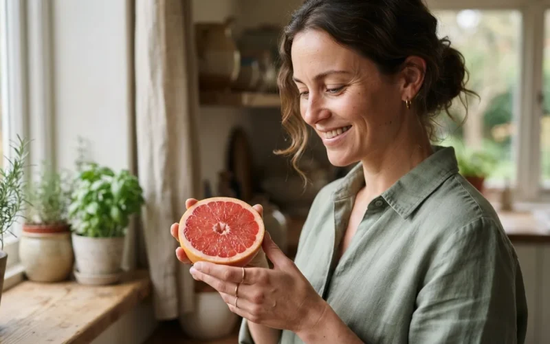 a woman holding a halved grapefruit