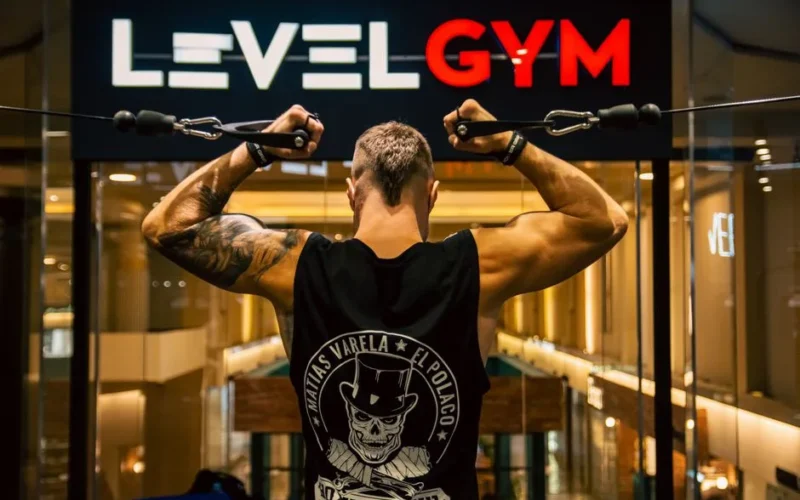 Back view of a muscular man working out in a modern gym, focusing on strength and fitness.