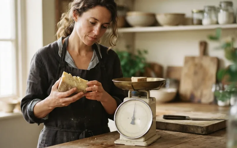 a person holding a piece of cheese next to a kitchen scale