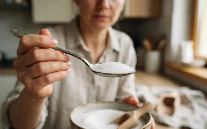 a person holding a spoon with white sugar