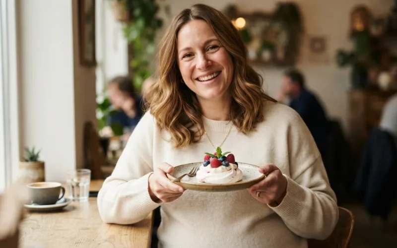 a pregnant woman holding a dessert plate