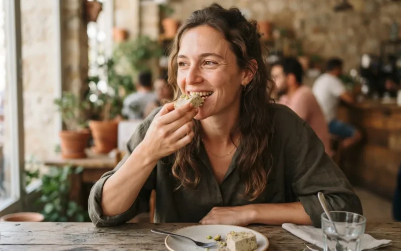 a woman eating a piece of halva
