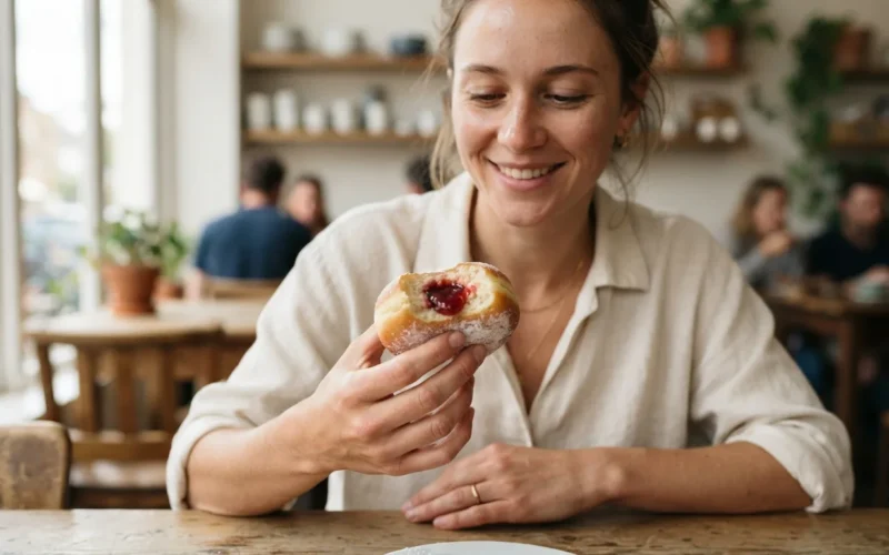 a person holding a donut with jam filling