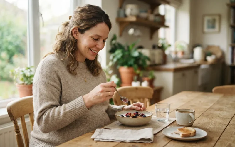 a pregnant woman eating breakfast at a table