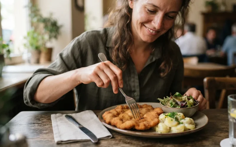 a person holding a fork over a plate with a breaded meat cutlet and side dishes