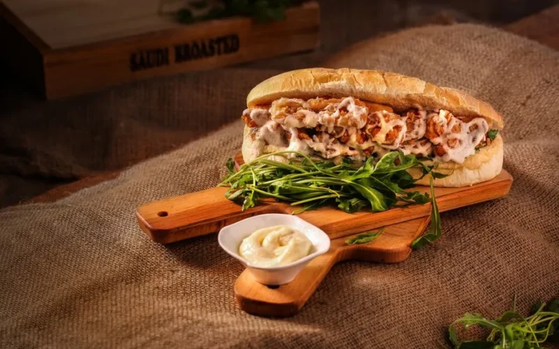 Mouth-watering chicken sandwich with greens on a rustic wooden board.