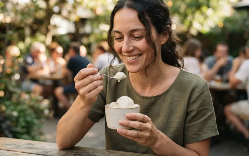 a person holding a cup of ice cream with a spoon