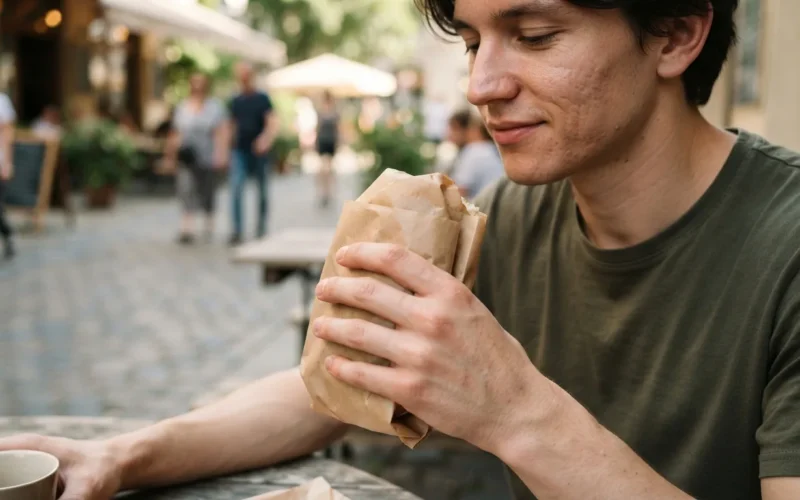 a person holding a wrapped fast food sandwich