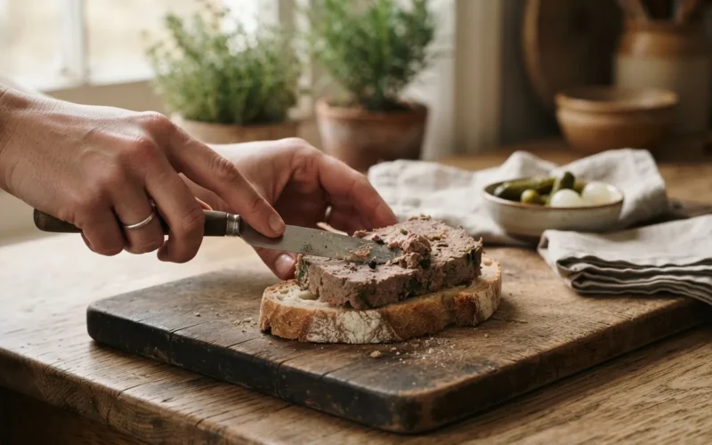 a slice of pâté on a wooden board with bread