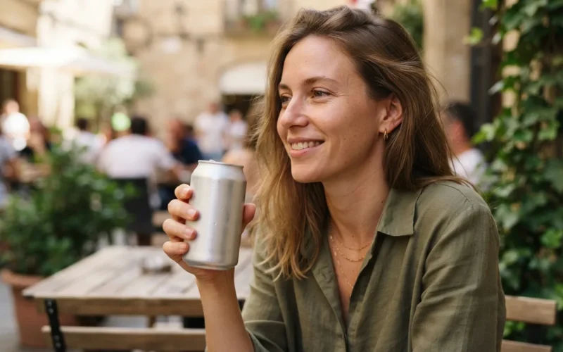 a person holding a can of diet soda