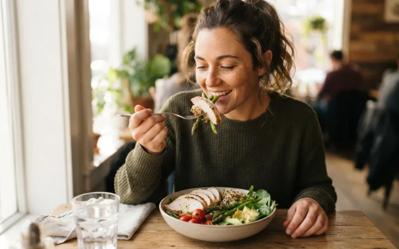 a person eating a healthy meal with turkey breast