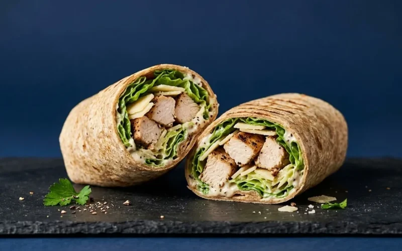 wrap z kurczaka, grillowany kurczak, tortilla, obiad, kolacja, zdrowy, świeży, sałata, ser, sos śmietankowy, pikantny, kulinarny, fastfood, restauracja, odżywczy, przekąska, białko, pietruszka, gourmet, posiłek