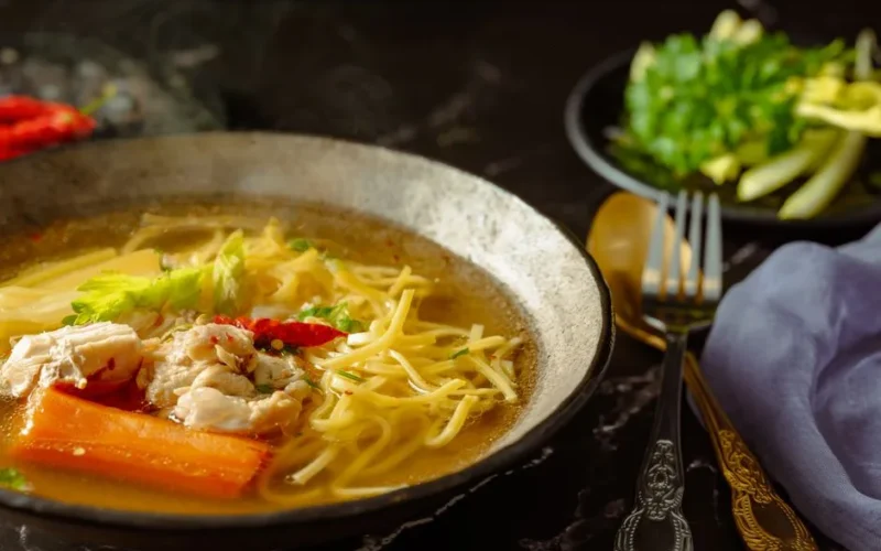 Capture of a flavorful chicken noodle soup with garnishes in a rustic setting.