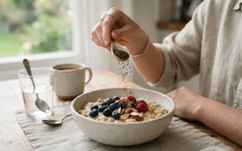 a person sprinkling flax seeds onto a bowl of oatmeal