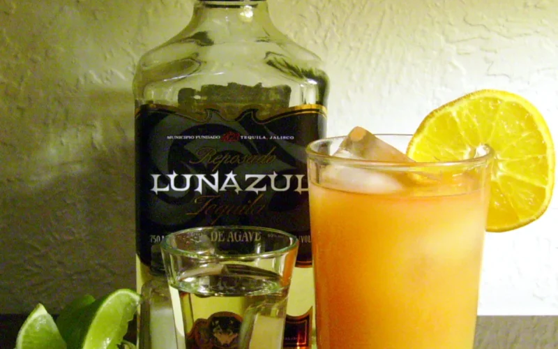A bottle of Lunazul Reposado tequila, along with a shot, salt and lime, and a tequila sunrise cocktail.
