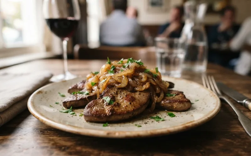 a plate of cooked liver with caramelized onions