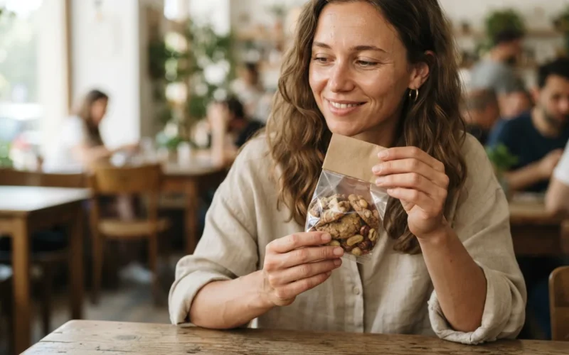 a person holding a packaged snack