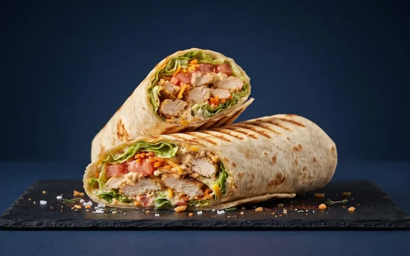 wrap z kurczakiem, grillowany kurczak, tortilla, świeże jedzenie, zdrowa żywność, sałata, pomidor, tarty ser, sos śmietanowy, płaski kamień, kulinarny, martwa natura, smaczny, przekąska, restauracja, świeży smak, ręczny, planer posiłków