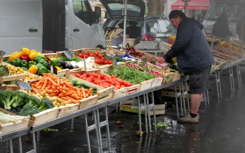 500px provided description: Photo original taken by Joenomias in 2017. At the end of a rainy morning we visited a small local market in the Dordogne to buy some fresh fruit and vegetables. [#market ,#basket ,#vegetable ,#sell ,#vendor ,#market stall ,#sweet potato ,#street market ,#greengrocer's shop ,#raw potato]