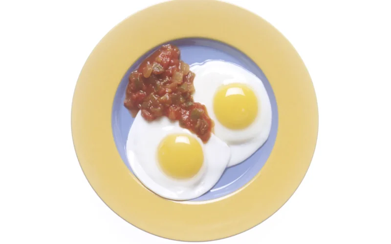 Title Eggs Description Two fried sunny side up eggs on a plate with salsa. Topics/Categories Food and Drink Type Color, Photo Source National Cancer Institute