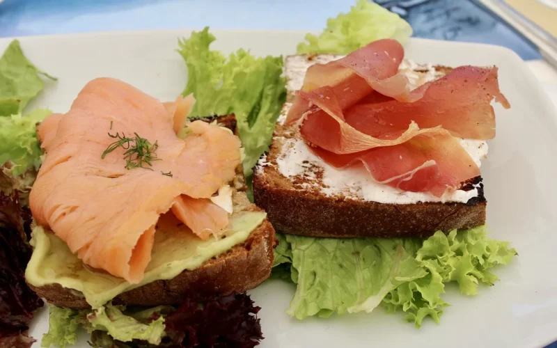 healthy, jedzenie, natura, ryba, szynka, bruscetta, ścieśniać