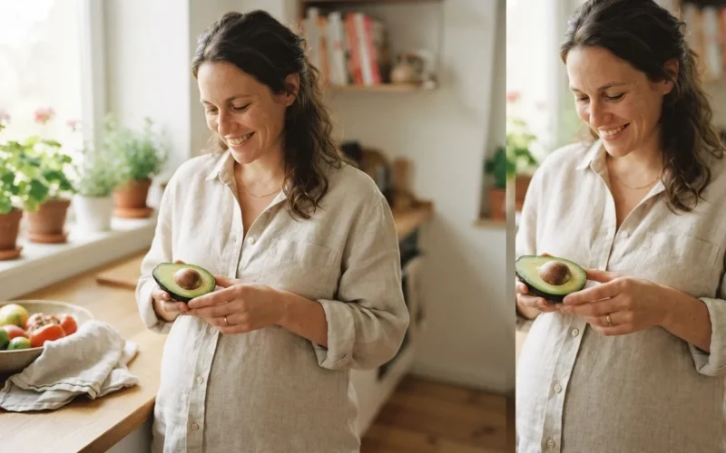 a pregnant woman holding an avocado