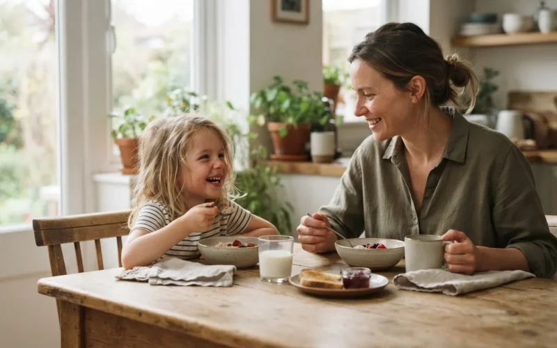 a parent and young child eating breakfast together at a table