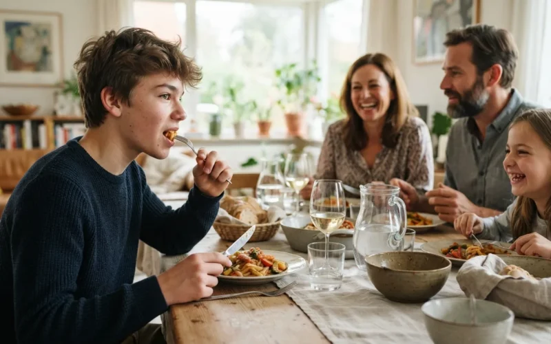a teenage boy eating a meal with his family at a dining table