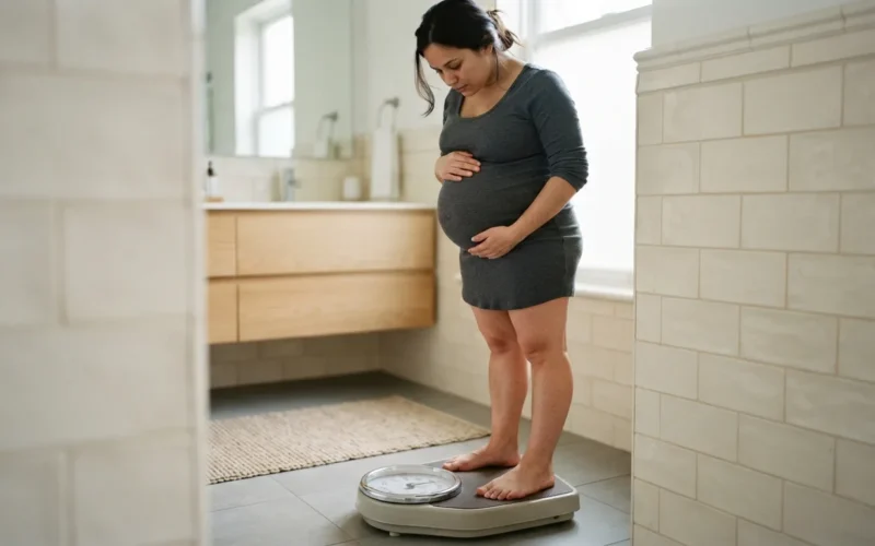 a pregnant woman standing on a bathroom scale