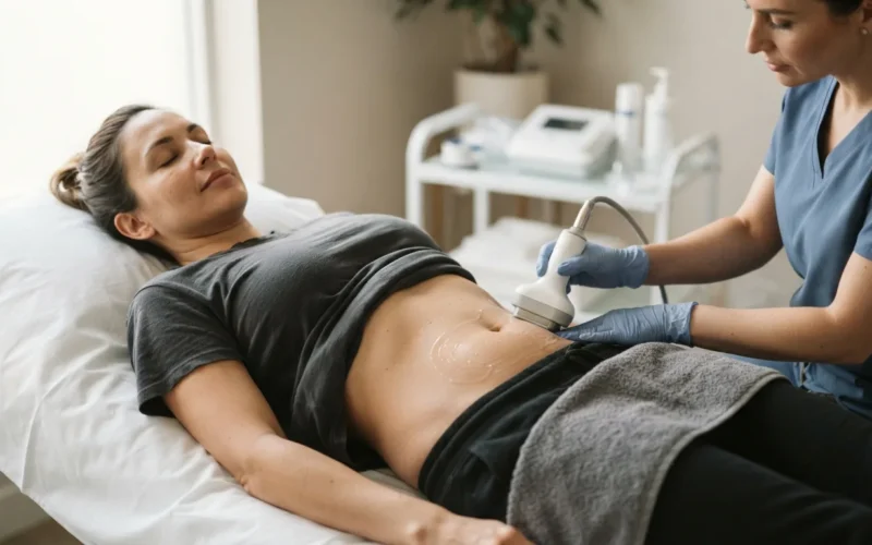a woman lying on a treatment bed receiving a cosmetic skin procedure on her abdomen