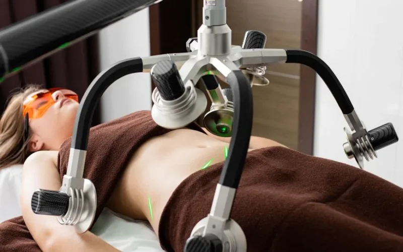 Female client lying on table under lasers of modern weight loss machine on belly during liposuction procedure in medical clinic