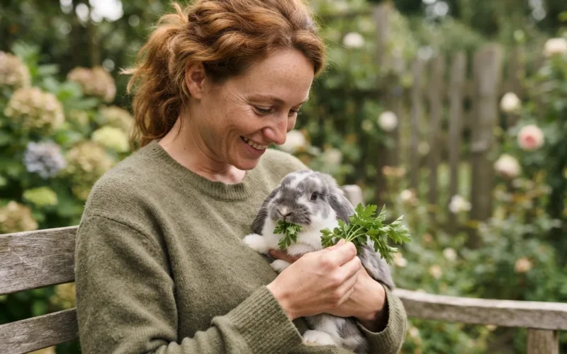 a person holding a rabbit while offering it food
