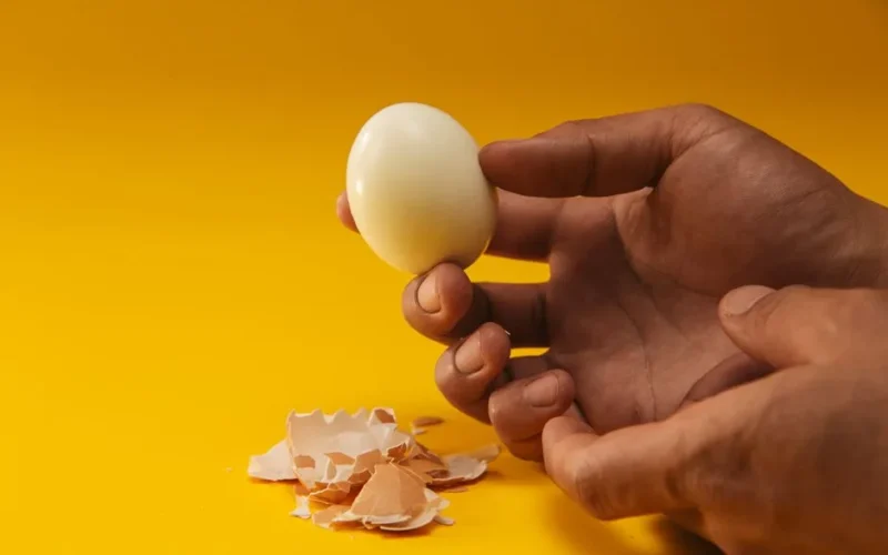Close-up image of hands holding a peeled boiled egg against a yellow background.