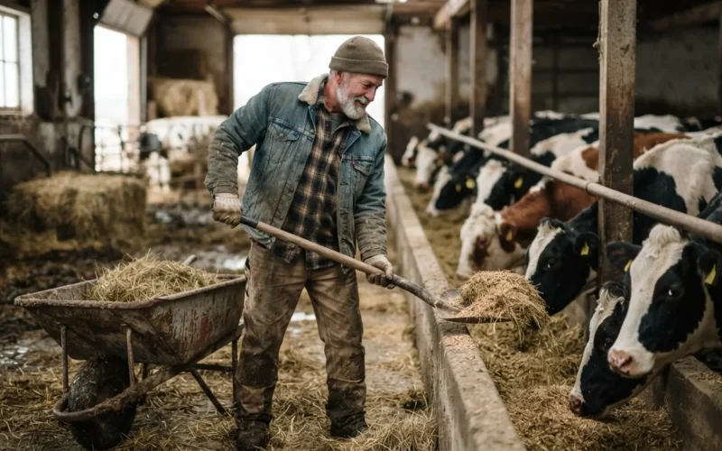 a farmer feeding cattle in a barn