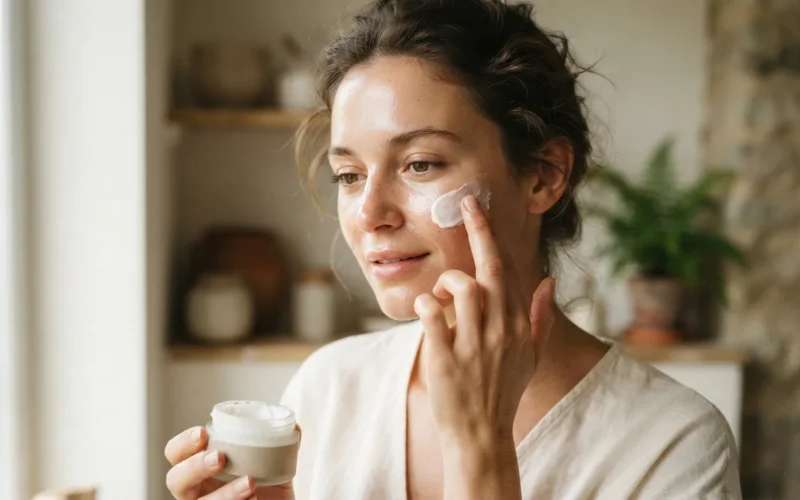 a woman applying skincare cream