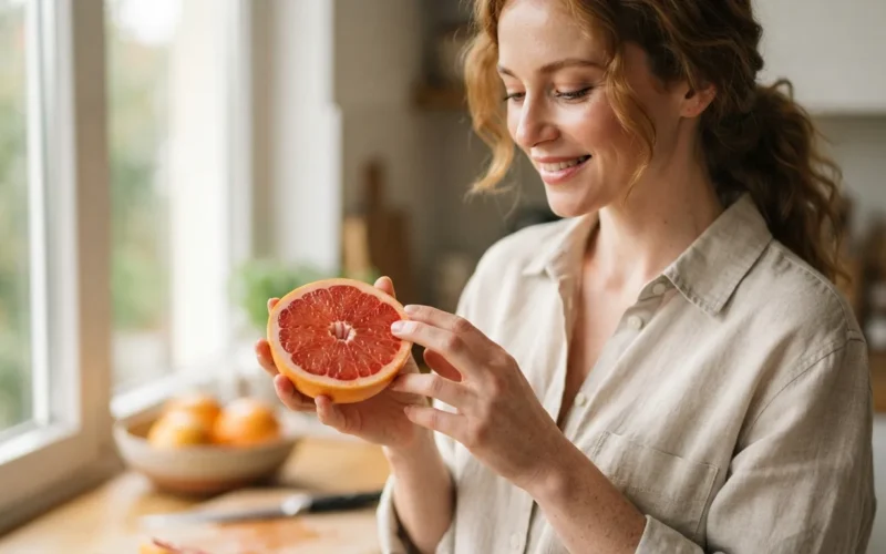 a person holding a halved grapefruit
