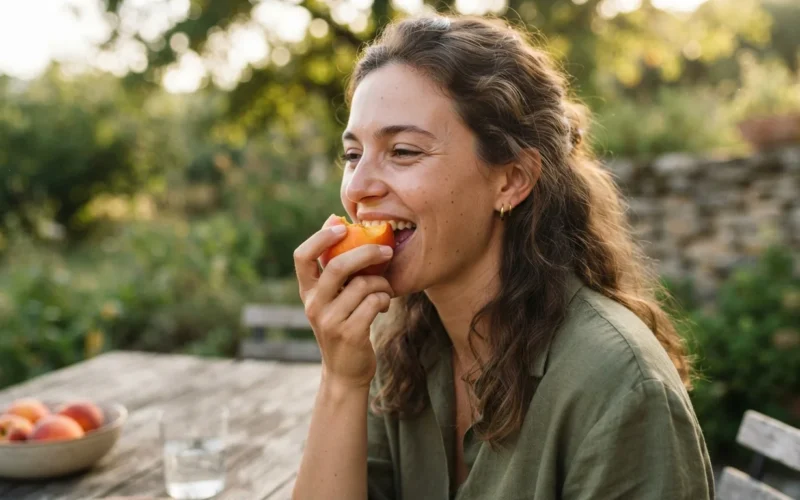 a person eating a piece of fruit
