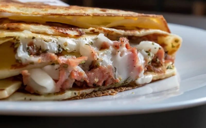 Delicious close-up of a savory crepe filled with melted cheese and ham.