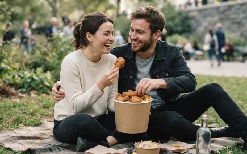 a couple sharing a bucket of fried chicken