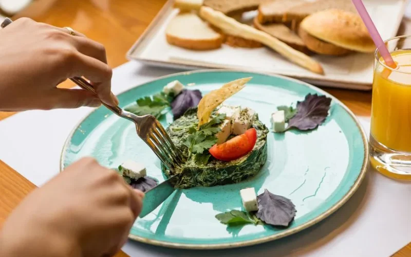 Plate of spinach omelette with feta, served with bread and orange juice. Perfect for a nutritious breakfast.