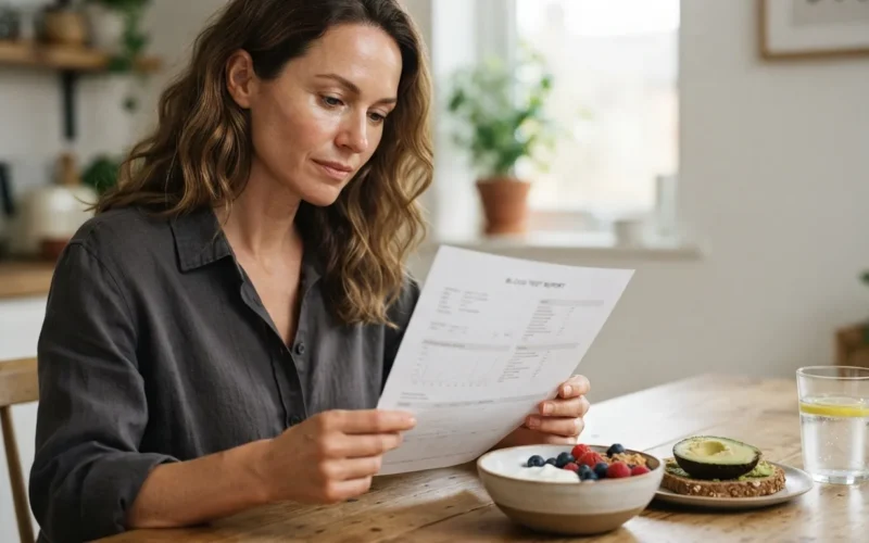 a person looking at a blood test result sheet with healthy food nearby