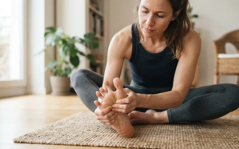 a person doing foot exercises on a mat