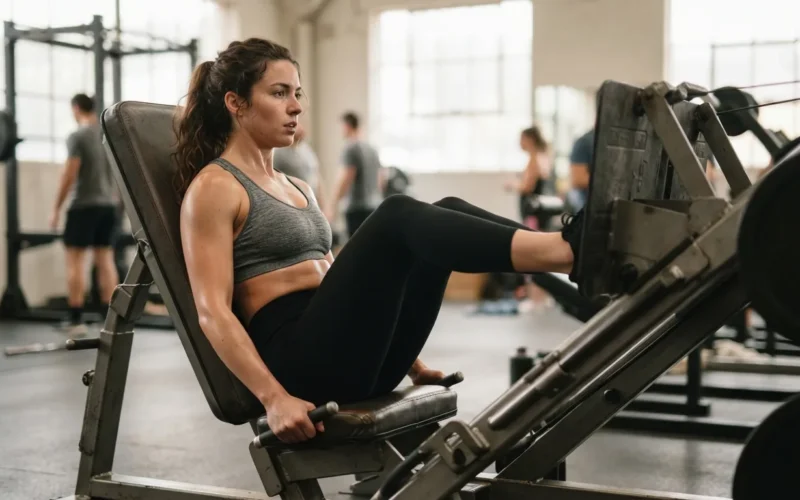 a woman exercising her legs in a gym