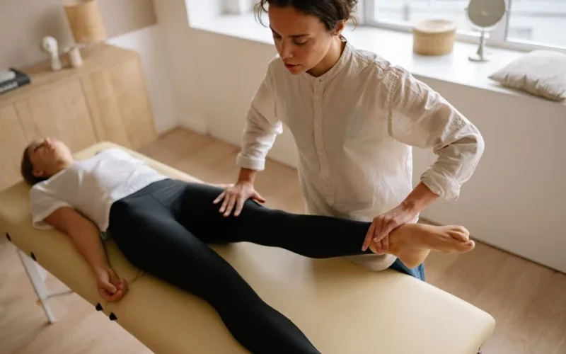 A physiotherapist assists a woman with leg rehabilitation therapy in a calm treatment room