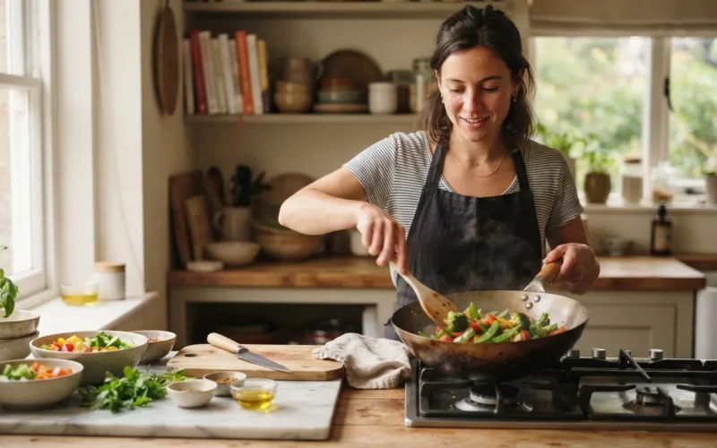 a person cooking at a kitchen counter