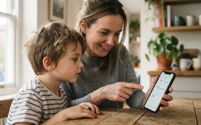 a parent and child looking at a smartphone calendar