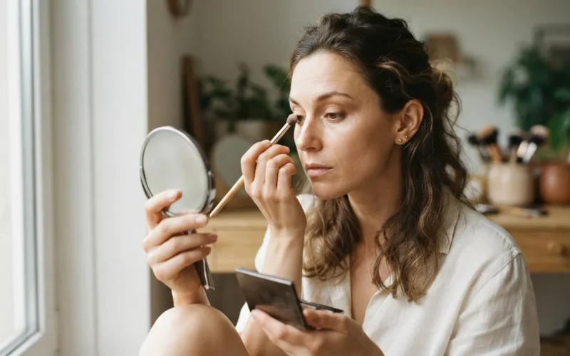 a woman applying eyeshadow with a brush