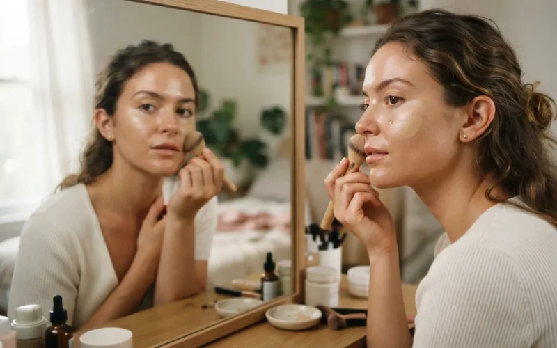 a woman applying foundation with a brush in front of a mirror