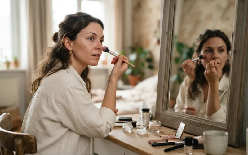 a woman applying makeup to her face in front of a mirror